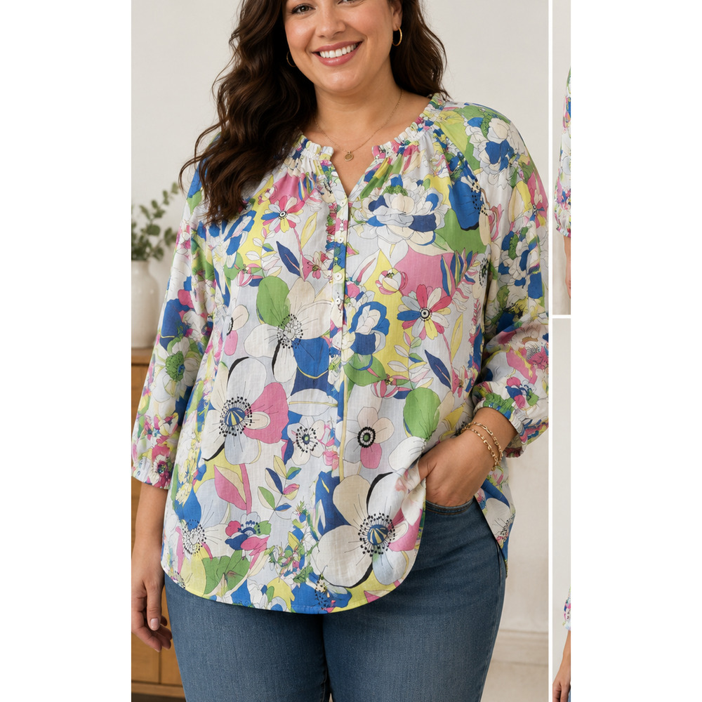 Talbots 1X Plus Floral Cotton Blouse Boho Peasant Top 3/4 Sleeve Lightweight